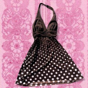 2000s Y2K Choc Brown Polka Dot Mini Dress w/Halter Straps - Size M